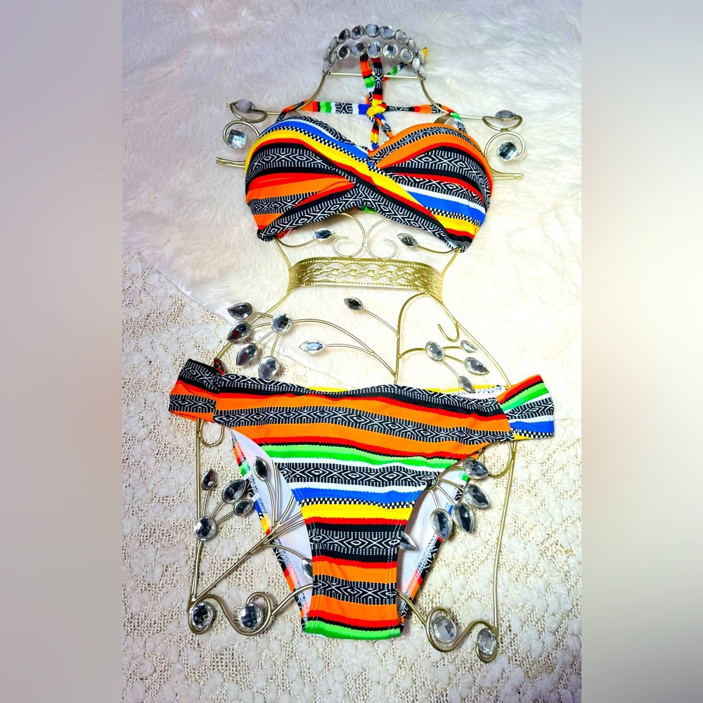 Two-Piece Bikini Swimsuits for Women Sexy Bikini Stripe Print Suspenders Split